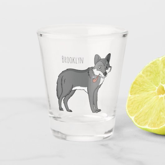 Grauwolf mit Pipe-Cartoon-Abbildung Schnapsglas (Vorderseite)