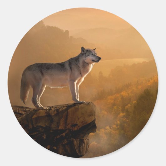 Grauwolf stehend auf einem Felsen im Wald Runder Aufkleber (Vorderseite)