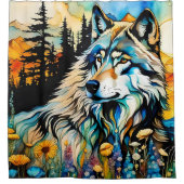 Grauwolf und Wildblumen Duschvorhang (Vorderseite)