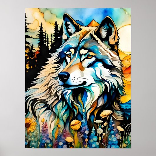 Grauwolf und Wildblumen Poster (Vorne)
