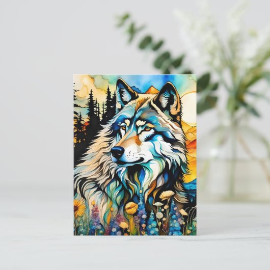 Grauwolf und Wildblumen Postkarte (Stehend Vorderseite)