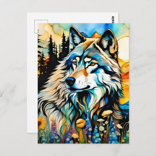 Grauwolf und Wildblumen Postkarte (Vorne/Hinten)