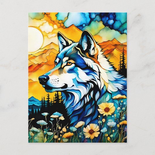 Grauwolf und Wildblumen Postkarte (Vorderseite)