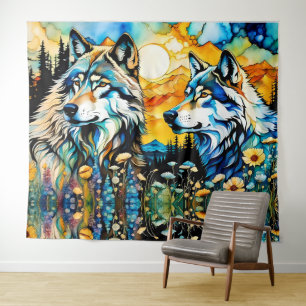 Grauwolf und Wildblumen Wandteppich