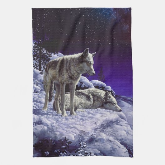 Grauwölfe im Winterschnee in der Nacht Geschirrtuch (Vertikal)