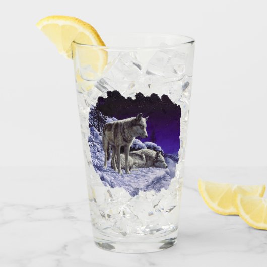 Grauwölfe im Winterschnee in der Nacht Glas (Vorderseite Ice)