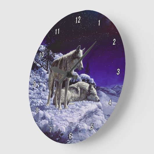 Grauwölfe im Winterschnee in der Nacht Große Wanduhr (Winkel)