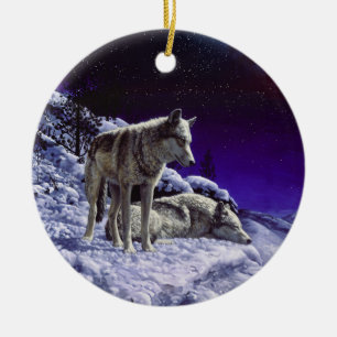 Grauwölfe im Winterschnee in der Nacht Keramik Ornament