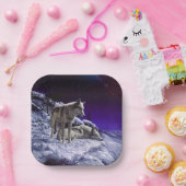 Grauwölfe im Winterschnee in der Nacht Pappteller (Party)