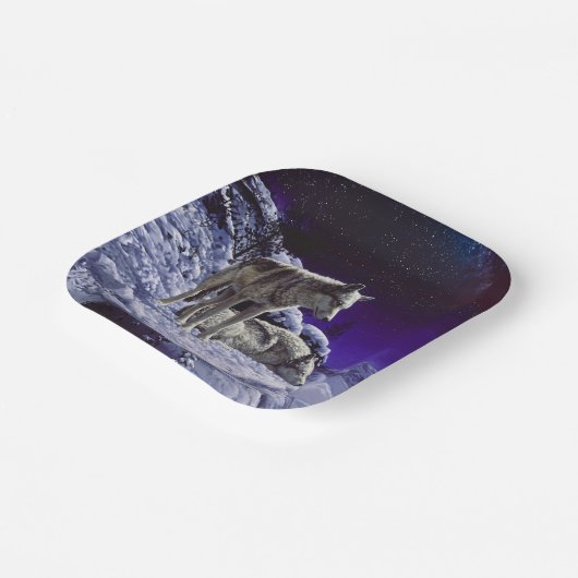 Grauwölfe im Winterschnee in der Nacht Pappteller (Gewinkelt)