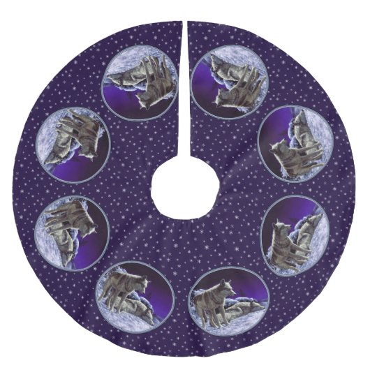 Grauwölfe im Winterschnee in der Nacht Polyester Weihnachtsbaumdecke (Vorderseite)