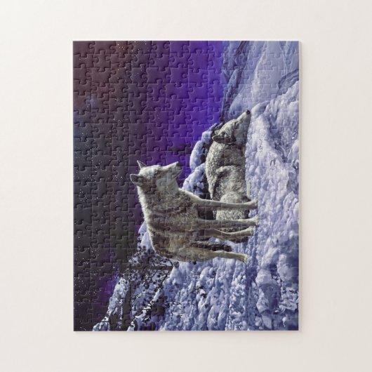 Grauwölfe im Winterschnee in der Nacht Puzzle (Vertikal)