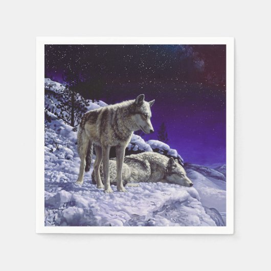 Grauwölfe im Winterschnee in der Nacht Serviette (Vorderseite)