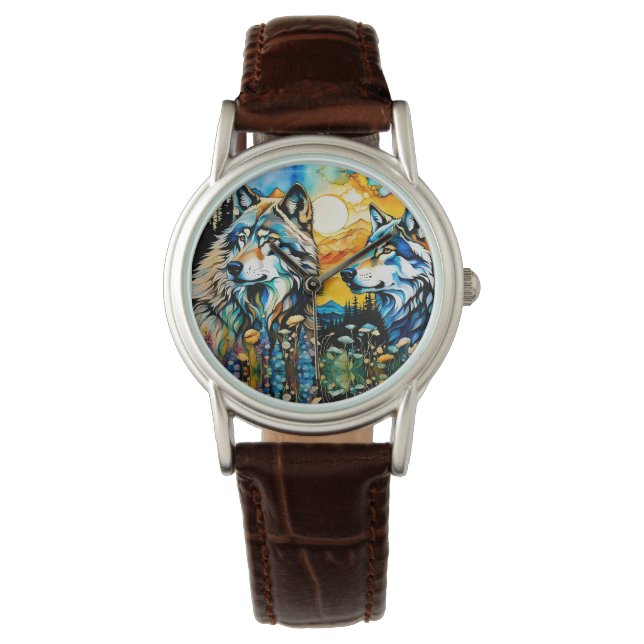 Grauwölfe und Wildblumen Armbanduhr (Vorderseite)