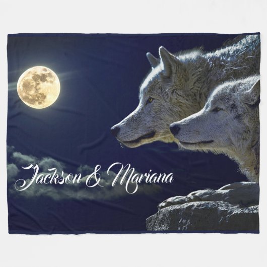Grauwölfe unter Vollmond Fleecedecke (Vorderseite (Horizontal))