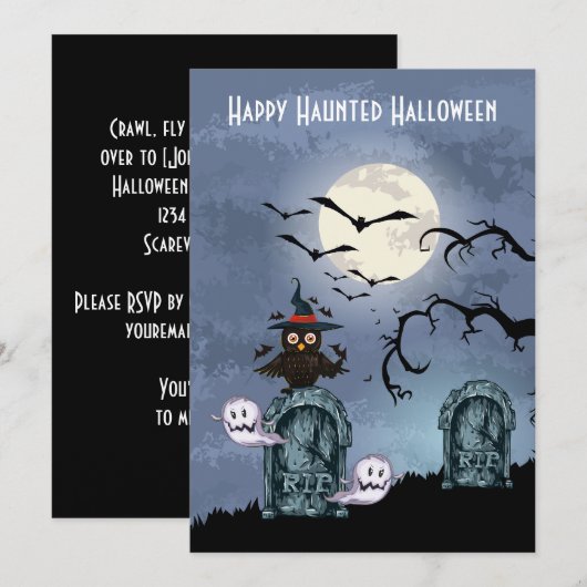Graveyard Ghosts Owl Full Moon Halloween Einladung (Vorne/Hinten)