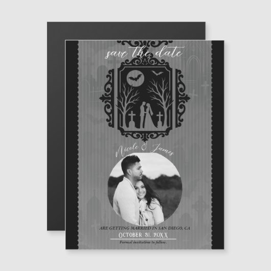 Graveyard Vows Black & Gray Gothic Save the Date Magnetkarte (Vorne/Hinten)