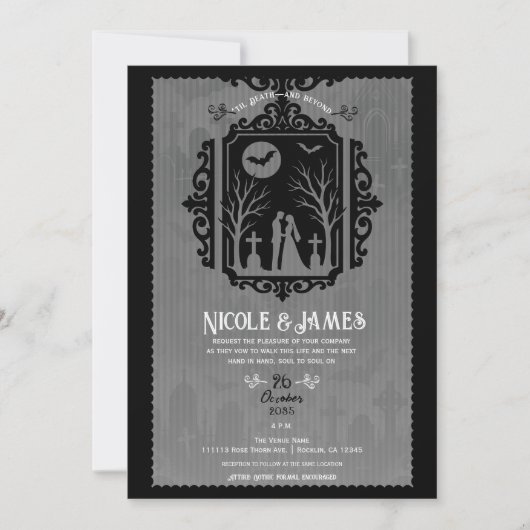 Graveyard Vows Black & Gray Gothic Wedding Einladung (Vorderseite)