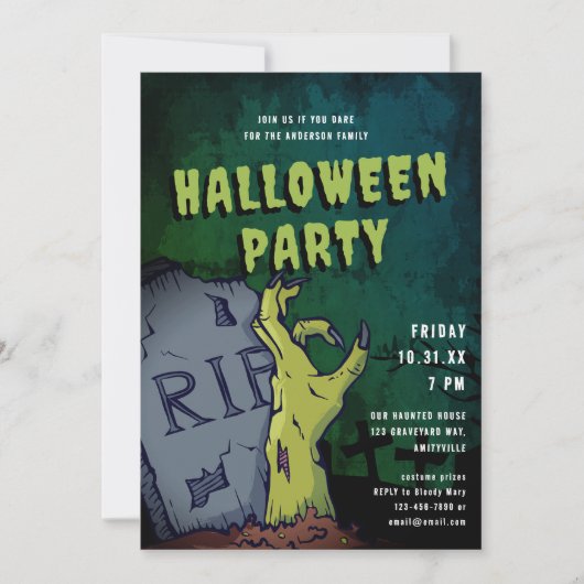 Graveyard Zombie Hand Beängstigendes Halloween-Par Einladung (Vorderseite)