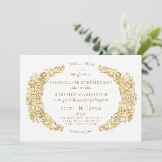 Gravierte Blume Acanthus Leaf n Blüh Gold Einladung (Stehend Vorderseite)