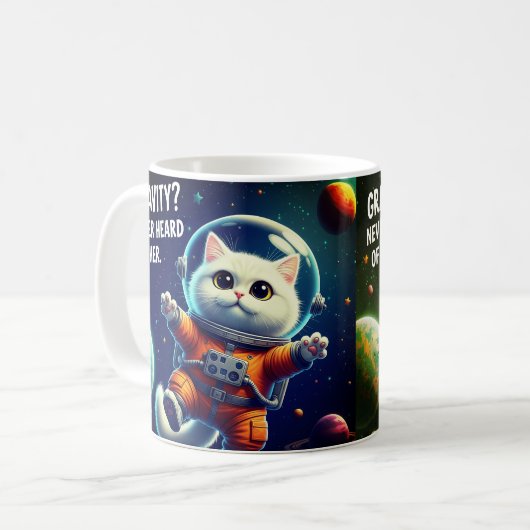 Gravity? Never Heard of Her. Cute Space Cat Kaffeetasse (Vorderseite Links)