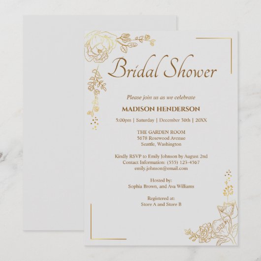 Gravur des Golden Floral Wedding Brautparty Einladung (Vorne/Hinten)