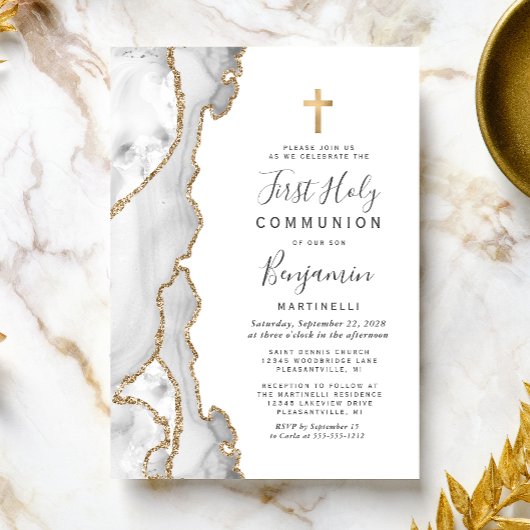 Gray Agate Gold Glitzer Erste Heilige Kommune Einladung