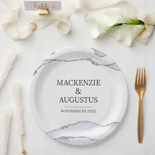 Gray Agate Silver Glitzer Braut und Groom Wedding Pappteller (Hochzeit)