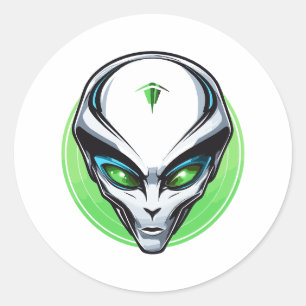 Gray Alien Portrait Head Green Background UFO Runder Aufkleber