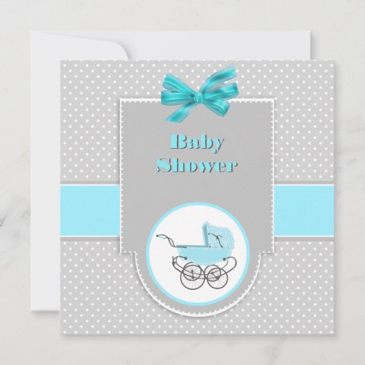 Gray and Aqua Baby Pram Kinderdusche Einladung (Rückseite)