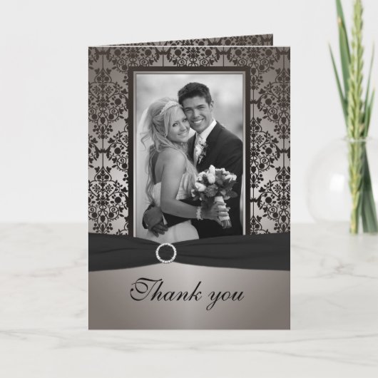 Gray and Black Damask Thank You Card with Photo Dankeskarte (Vorderseite)