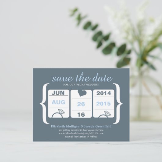 Gray and Blue Machine Wedding Save the Date Ankündigungspostkarte (Stehend Vorderseite)