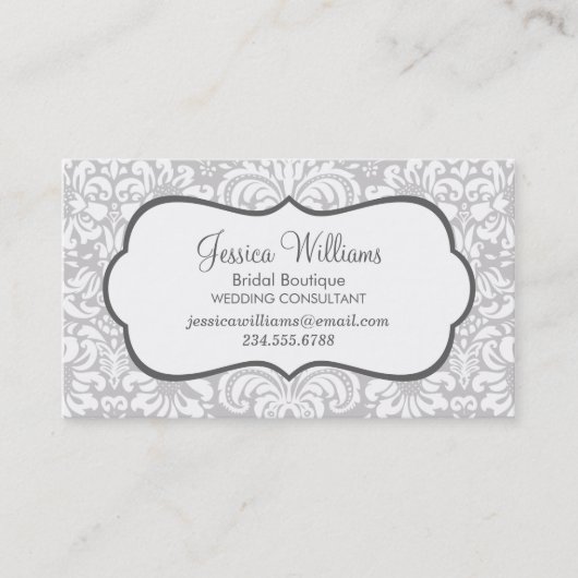 Gray and Charcoal Elegante Floral Damask Visitenkarte (Vorderseite)