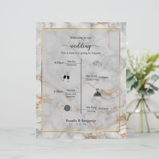Gray and Gold Marble Agate Elegantes Hochzeitsprog (Stehend Vorderseite)