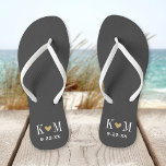 Gray and Gold Moderne Wedding Monogram Badesandalen<br><div class="desc">Maßgeschneiderte gedreht Flop-Sandalen personalisiert mit einem niedlichen Herz und Ihre Monogramm-Initialen und Hochzeitstermin. Klicken Sie auf Anpassen,  um Schriftart und Farben zu ändern oder eigene Bilder hinzuzufügen,  um ein einzigartiges Design zu erstellen!</div>