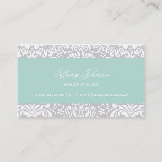 Gray and Mint Elegante Floral Damask Visitenkarte (Rückseite)