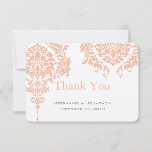 Gray and Peach Coral Damask Wedding Vielen Dank Dankeskarte (Vorderseite)