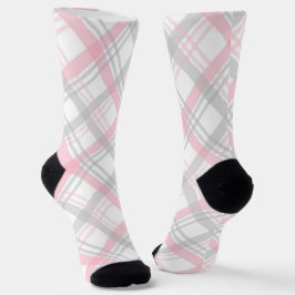 Gray and Pink Plaid Crew Socks Socken