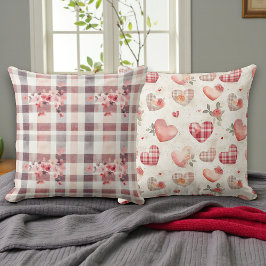 Gray and Red Gingham Hearts Double Sided Kissen