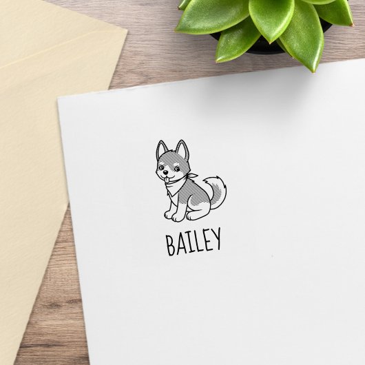 Gray and White Husky Puppy Dog Custom Name 1x1 Gummistempel