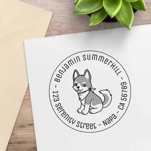 Gray and White Husky Puppy Dog Round Address Gummistempel