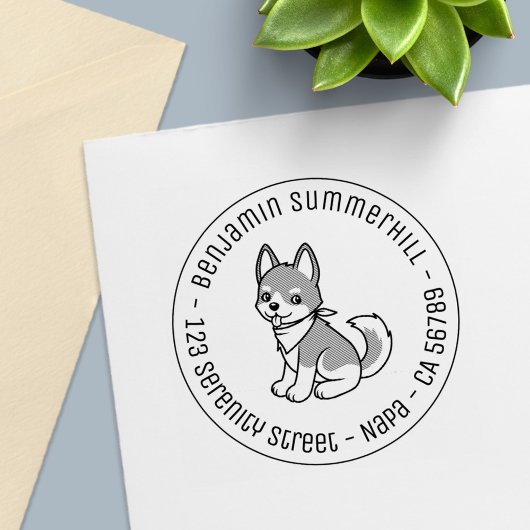 Gray and White Husky Puppy Dog Round Address Permastempel