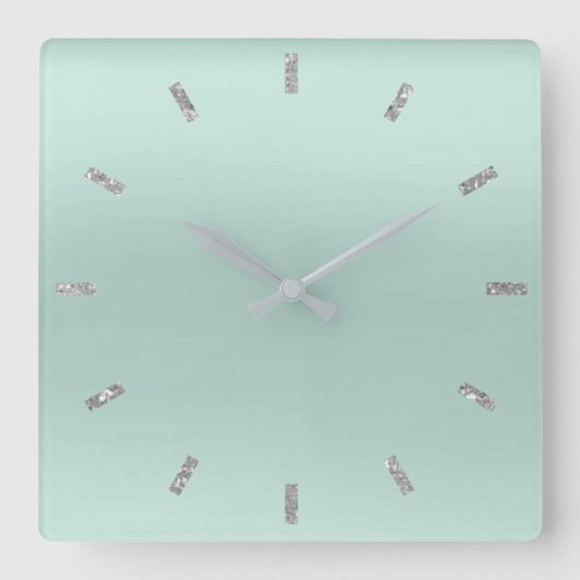 Gray Aqua Blue Ombre Minimaler Glitzer Quadratische Wanduhr (Vorderseite)