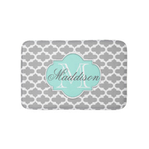 Gray Aqua Elegante Muster Monogram Badematte