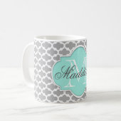 Gray Aqua Elegante Muster Monogram Kaffeetasse (Vorderseite Links)