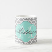 Gray Aqua Elegante Muster Monogram Kaffeetasse (Mittel)
