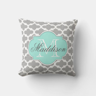 Gray Aqua Elegante Muster Monogram Kissen