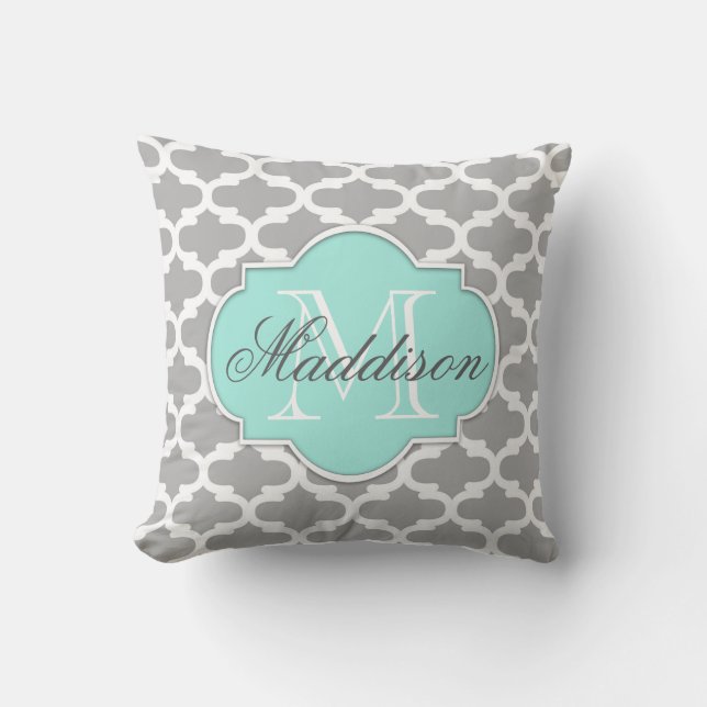 Gray Aqua Elegante Muster Monogram Kissen (Vorderseite)