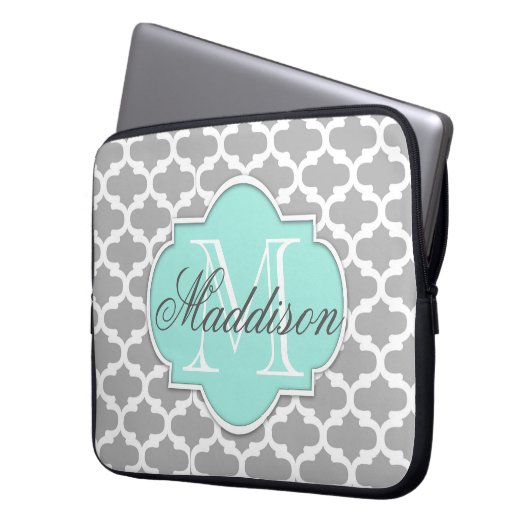 Gray Aqua Elegante Muster Monogram Laptopschutzhülle (Vorderseite Links)