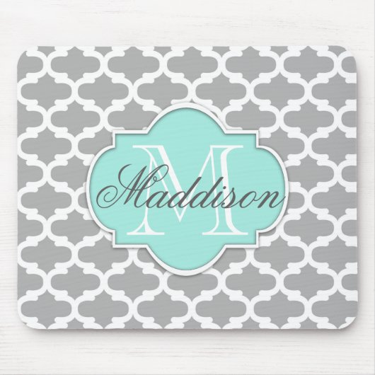 Gray Aqua Elegante Muster Monogram Mousepad (Vorne)